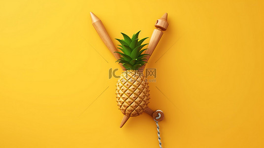 吃黄色背景图片_致命的木制弹弓，配有美味成熟的热带菠萝，在 3D 渲染中以充满活力的黄色背景描绘