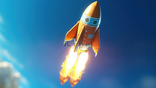 卡通火箭升空到太空的 3d 渲染