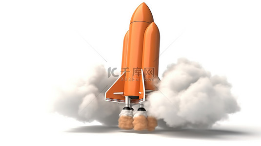 穿梭云层背景图片_白色背景下 3D 渲染中的橙色火箭在云层中翱翔
