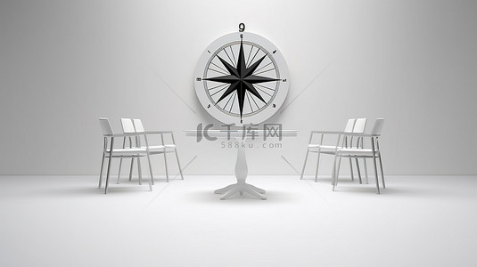 失业背景图片_上面显示有指南针的圆桌，配有一张空椅子，供被解雇的个人使用白色背景 3D 渲染