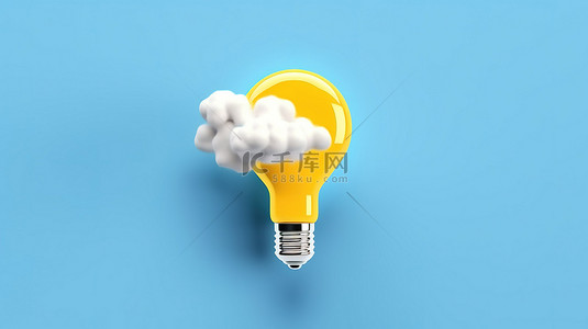 3d 蓝色背景上黄色灯泡上方的简约概念浮云和雨