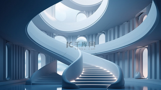 时尚的弧形楼梯，具有未来派 3D 渲染中的简约建筑背景