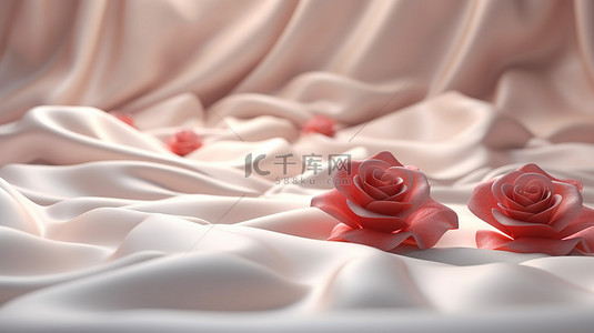 令人惊叹的 3D 玫瑰放在白色波浪状的织物上，有文字空间