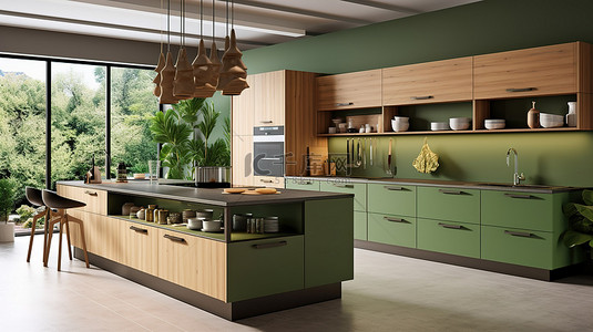 绿墙岛厨房 3D 现代木材和漆柜设计的渲染