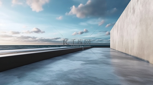 海洋旅行背景图片_3D 渲染中带有城市墙和海洋地平线的荒凉路径
