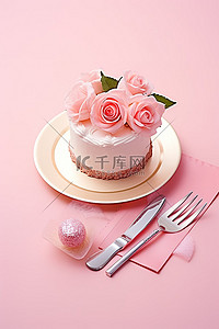 粉色背景上坐着一个带玫瑰和叉子的蛋糕