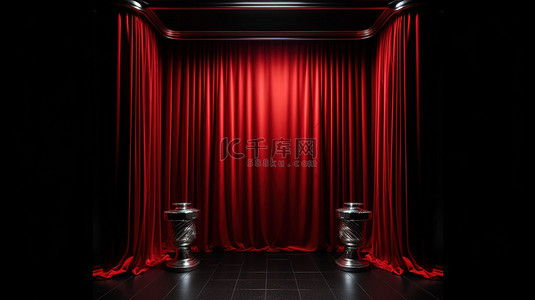 体积光在黑色背景下的 3D 渲染照相亭中投射红色窗帘发光