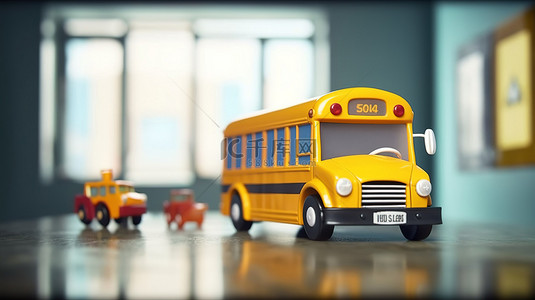 学生安全教育背景图片_带有存钱罐和校车的教室环境的 3D 渲染非常适合教育或保存概念