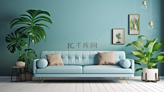 现代经典客厅设计拥有舒适的沙发和郁郁葱葱的绿色植物，蓝色和白色的墙壁背景 3D 渲染突出
