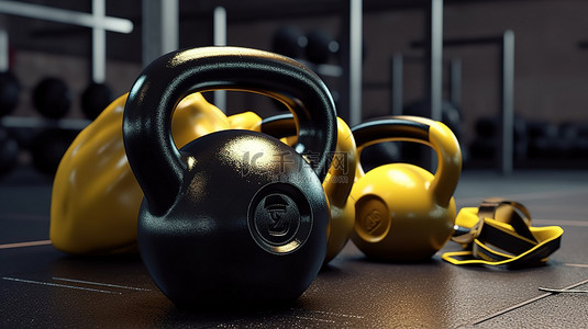 运动器材健身背景图片_3D 插图中的一系列运动器材中的黄色耳机和黑色金属壶铃