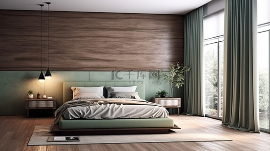 现代卧室的 3D 渲染，配有木地板和时尚的床头板
