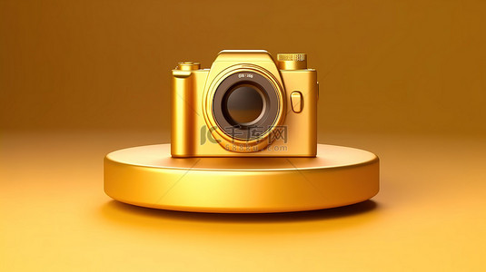 登上领奖台的标志性相机快照闪闪发光的金色相机徽章 3D 社交媒体图标