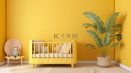 童年孩子背景图片_现代托儿所内部设有婴儿床和充满活力的黄色墙壁前视图 3D 渲染