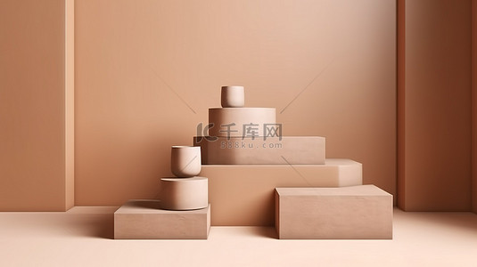 制造业产品介绍背景图片_浅棕色房间 3d 渲染中带有三种产品的模型展示台