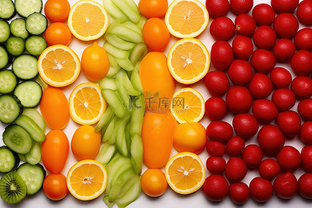新鲜西红柿背景图片_由黄红色和橙色制成的水果和蔬菜的彩虹