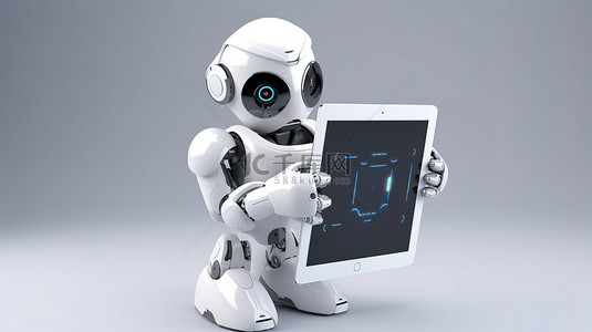 可爱的人工智能机器人，在 3D 渲染中有一个空白的平板电脑屏幕