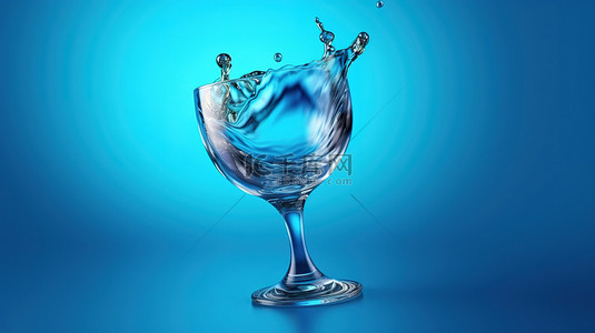 下入背景图片_蓝色背景下水滴溅入玻璃高脚杯的逼真插图