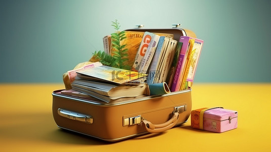 假期旅行行李箱背景图片_充满活力的行李箱套装，配有护照和门票，适合冒险旅行者 3D 渲染图像
