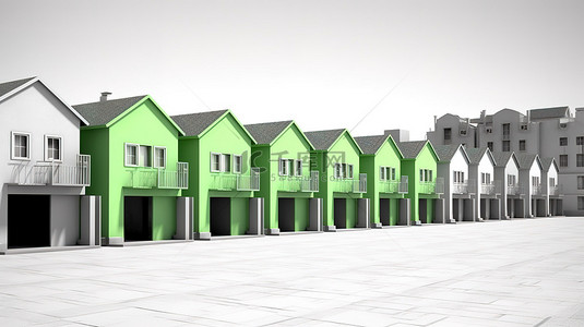 一系列以绿色为中心的灰色房屋以 3D 形式呈现并设置在白色背景中