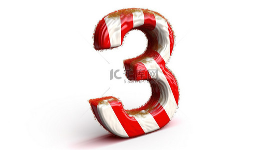 糖果手杖数字 3 3d 渲染数字，白色背景上有红色和白色线条
