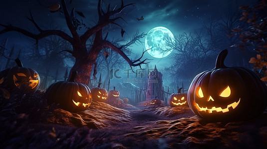 不快乐的背景图片_怪异的 3D 插图满月之夜在墓地与杰克奥灯笼快乐万圣节横幅
