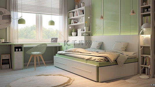 现代浅绿色和白色青少年卧室，配有床灯和工作站 3D 渲染