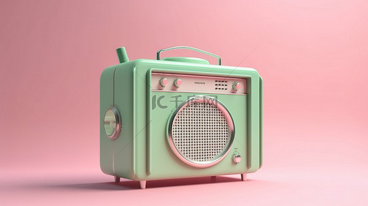 收音机海报背景图片_粉红色柔和背景中隔离的最小 3d 概念中的复古绿色收音机