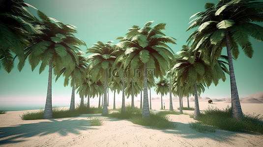 夏天风景背景图片_夏季海滩氛围棕榈椰子树的 3D 渲染