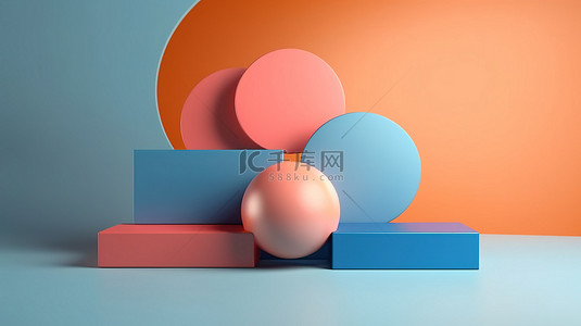 3D 渲染组合中的柔和橙色和蓝色几何形状