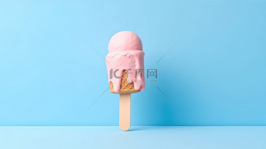 抽象的粉红色冰淇淋棒滴在柔和的蓝色背景上，3D 中最小且创意的夏季概念