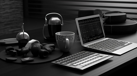 时尚的黑色工作区，配有工作台笔记本电脑键盘时钟和 3D 渲染咖啡杯