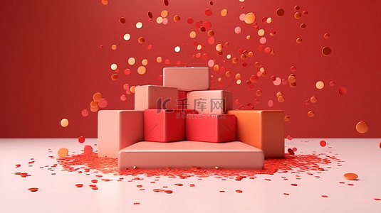 豪华金周年庆典浅红色 3D 产品展示台上的彩色五彩纸屑