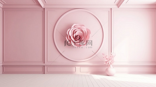 永恒的内饰，配有粉红色玫瑰石英和充足的开放空间 3D 渲染插图