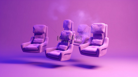 五把飞行的紫色扶手椅的抽象 3D 渲染
