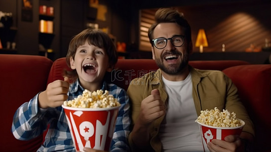 年轻人年轻人背景图片_快乐的父子二人在沙发上享受 3D 眼镜爆米花和电影