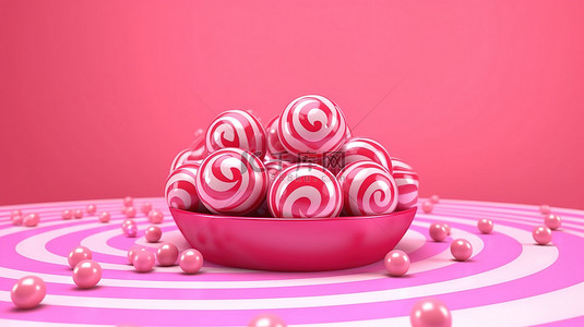 粉红色背景下充满活力的粉红色糖果 3D 呈现情人节灵感