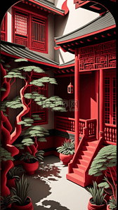 中国风卡通红色背景图片_中国风建筑松树红色背景