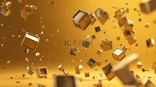 3D 渲染的金色礼品盒层叠在发光的金色背景上