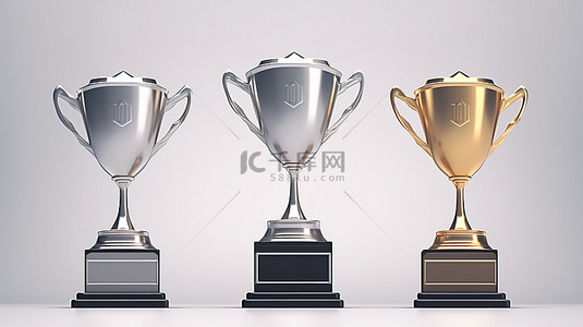 白色背景胜利概念上金银和铜牌奖杯的最小 3D 渲染
