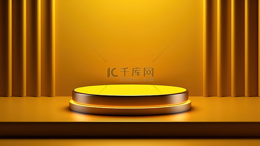简约时尚金色背景图片_顶视图讲台架，在时尚的金色简约背景上展示霓虹黄色 3D 空产品