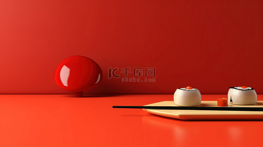 食品海报红色背景图片_红色背景上寿司和筷子的简约 3D 渲染