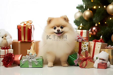 黑色白色和灰色的博美犬小狗在圣诞礼物前摆姿势