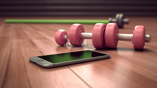 科技生活互联网背景图片_数字健身 3D 插图的垫子和手部重量与智能手机准备在线运动充足的复制空间