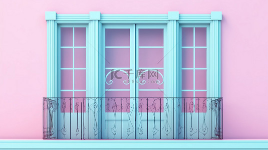 蓝色背景下粉色金属塑料和 PVC 的阳台门窗的双色调风格渲染