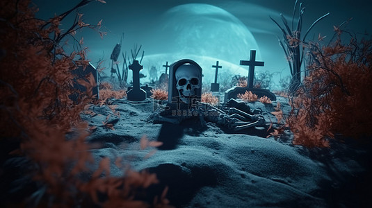 万圣节背景下带有墓碑和头骨的墓地的怪异 3D 渲染