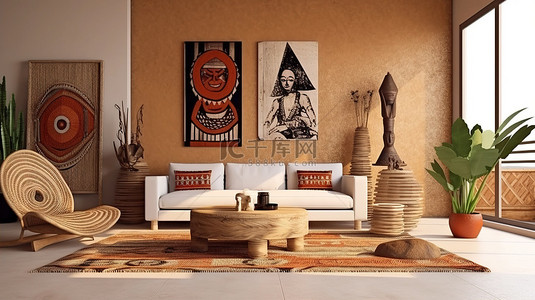 现代生活空间融入非洲风格的装饰 3D 渲染概念