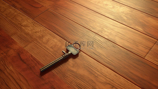 复古钥匙搁在质朴的木质表面 3d 渲染上
