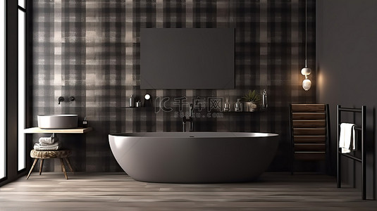 格子墙背景图片_时尚的深色浴室，配有 3D 渲染的格子瓷砖墙