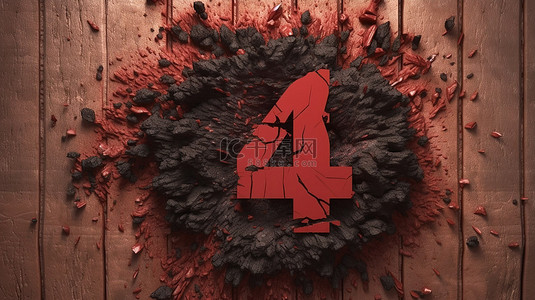 地震裂缝背景图片_在木墙 3d 渲染的破裂地球和黑色裂缝中爆炸红色数字 4