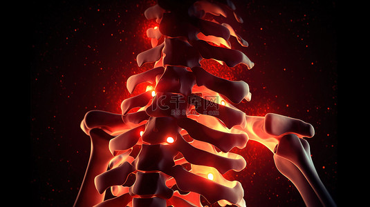 显示骨痛的受损骨骼系统的数字描绘，红色照明集中在椎骨区域